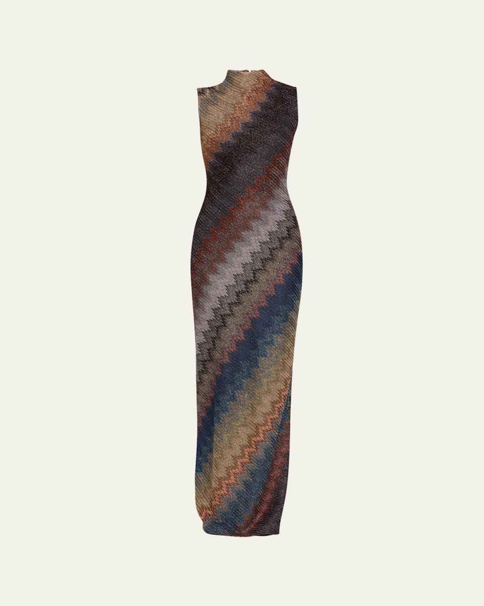 Mock-Neck Metallic Zigzag Sleeveless Maxi Dress